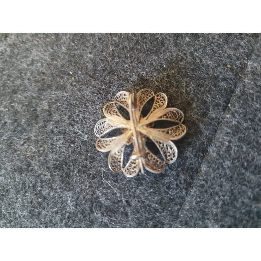 Vintage Sterling Vermeil Filigree Blossom Brooch, Portugal, 1.25